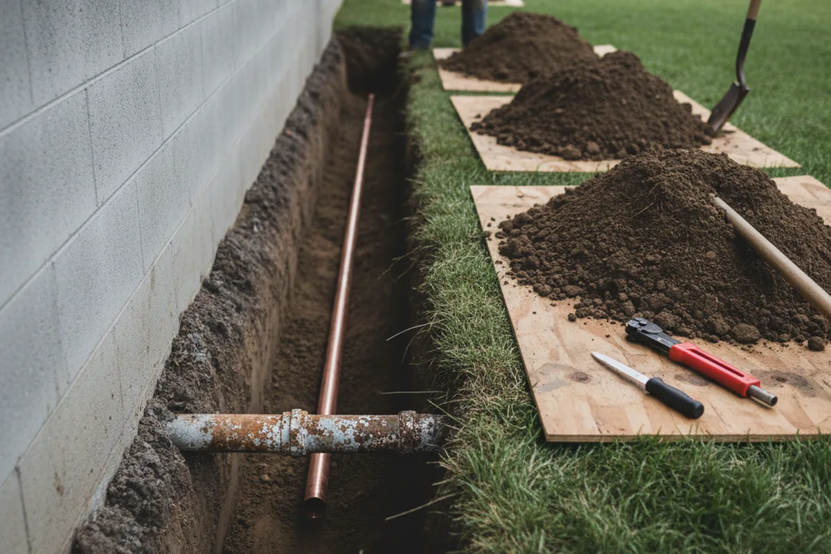 Excavated water line trench during Water Heater Repair in Utopia